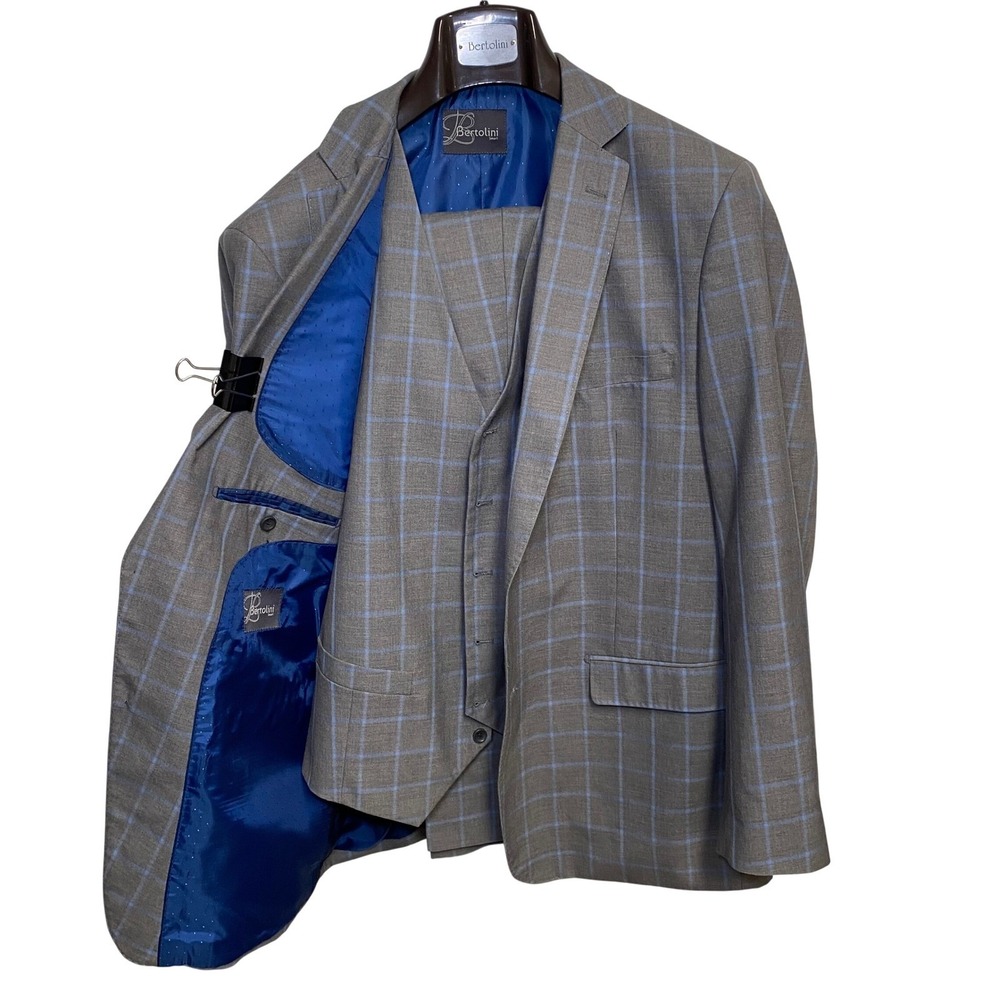Bertolini Smart 3 Piece‎ Suit Mens 48 42 Gray Blue Windowpane Wool Silk
